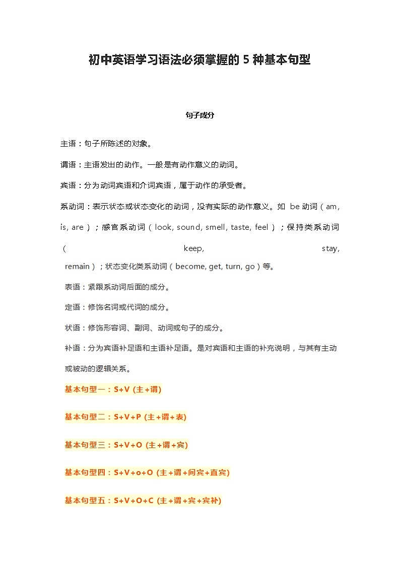 初中英语学习语法必须掌握的5种基本句型学案第1页