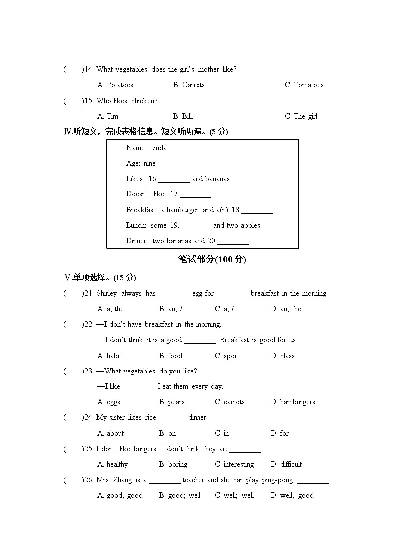 Unit 6 检测卷 2021-2022学年人教版七年级英语上册（有听力音频，资料和答案）02