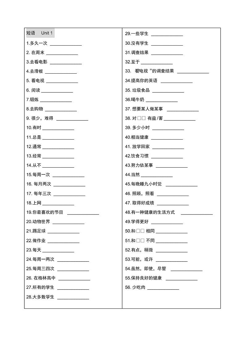 新人教版英语八年级上册单词表和短语表默写PDF（无答案）第2页