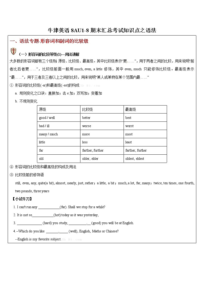 2021年牛津译林版八年级上1-8单元语法整理及配套练习第1页