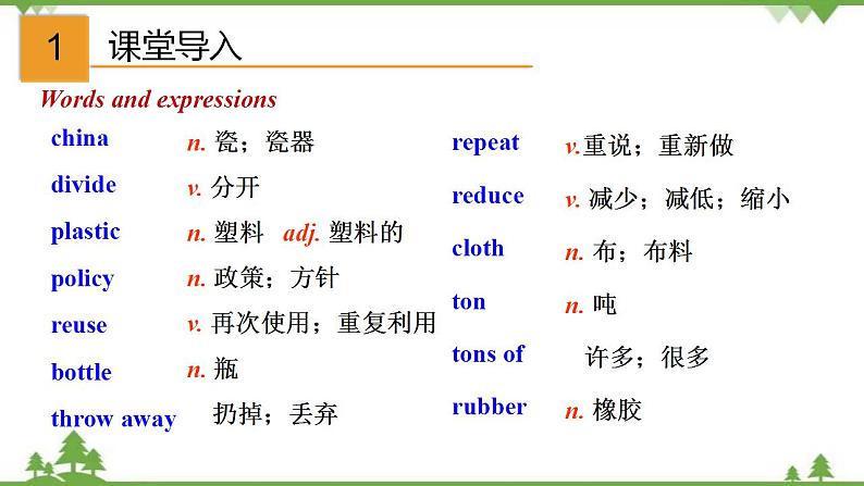 12.2 Unit 2 Repeat these three words daily：reduce reuse and recycle-外研版九年级英语上册  同步教学课件02