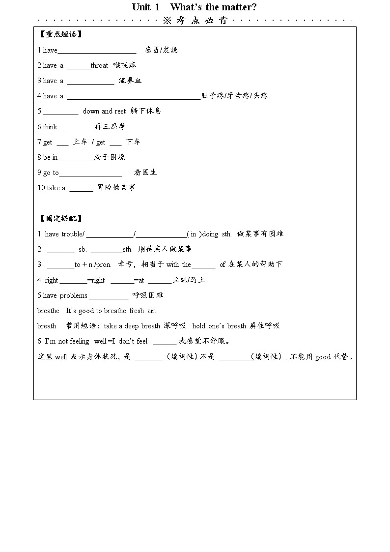 2021初中英语人教版八年级下Unit1单元综合复习+专题训练（无答案）第1页
