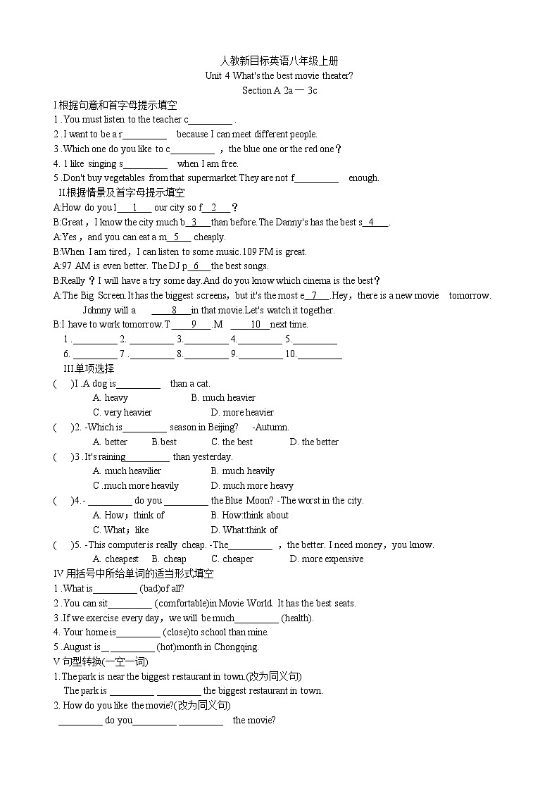 人教新目标英语八年级上册Unit-4 Section A 2a一3c 课时练习题（无答案）01