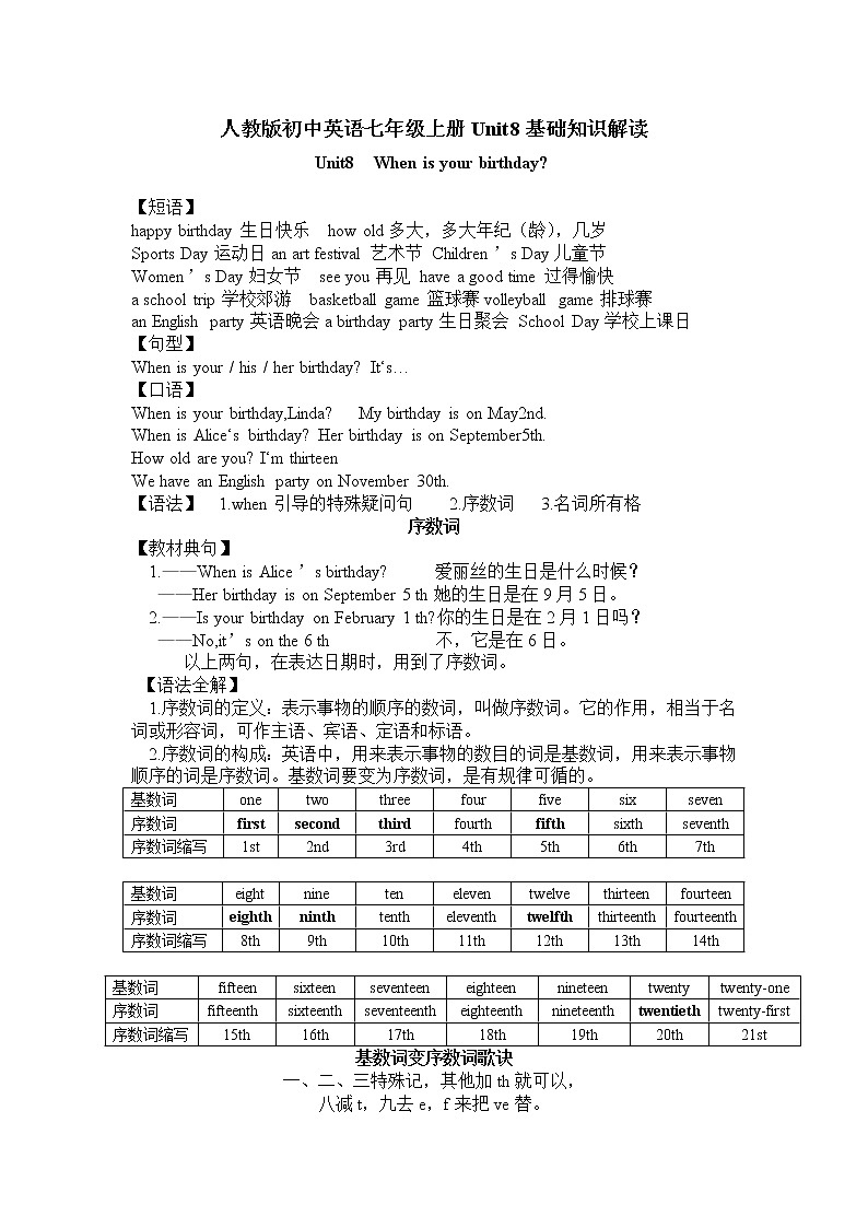 人教版初中英语七年级上册Unit8基础知识解读学案01