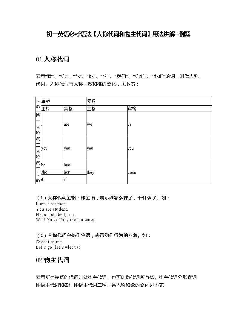 初一英语必考语法【人称代词和物主代词】用法讲解+例题学案01