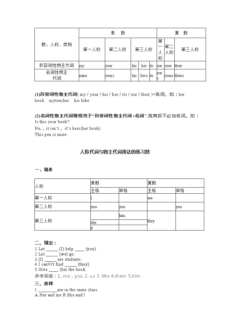 初一英语必考语法【人称代词和物主代词】用法讲解+例题学案02