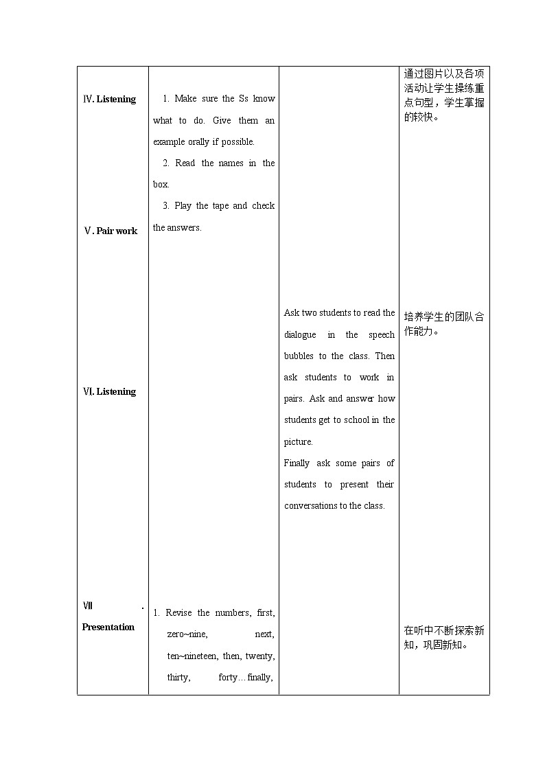 人教版Unit 3 How do you get to school全单元表格教案03