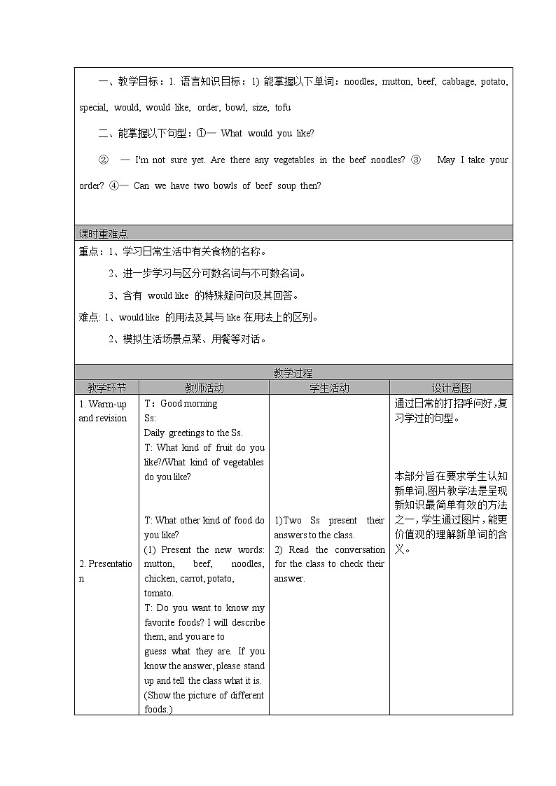 人教版Unit10 I’d like some noodles全单元表格教案02