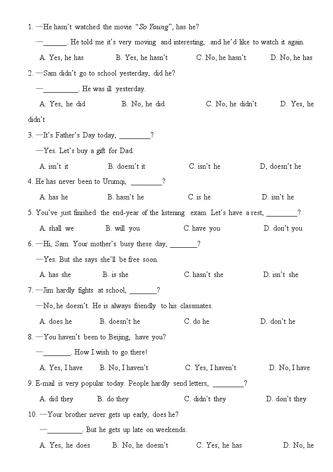 中考反意疑问句 感叹句练习 1第1页