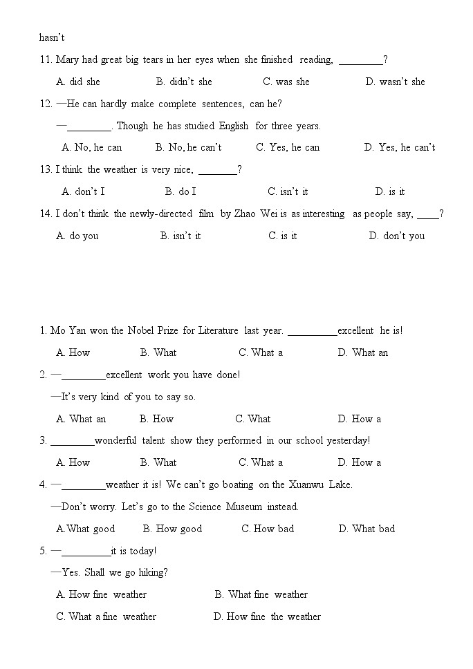 中考反意疑问句 感叹句练习 1第2页