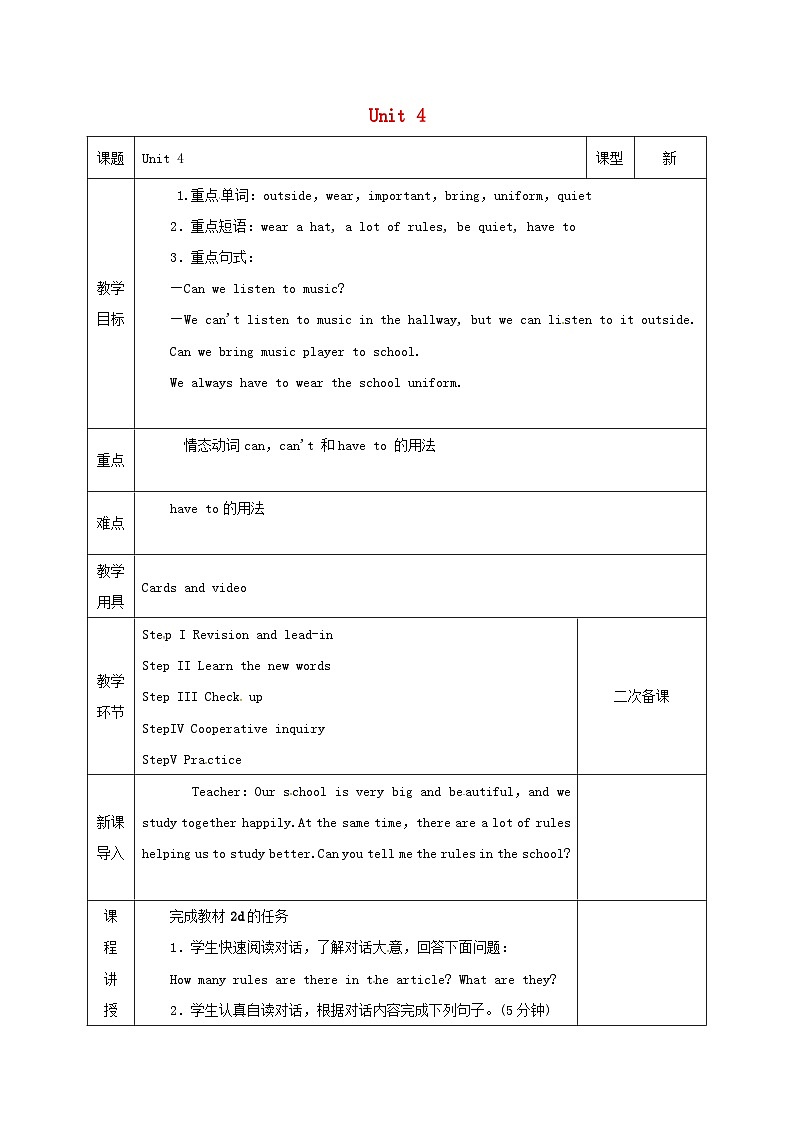 Unit 4 Don’t eat in class.(4课时表格式教案)01