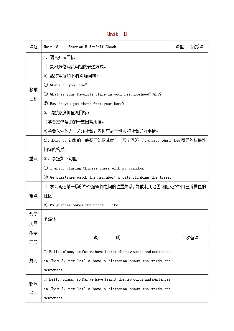 Unit 8 Is there a post office near here?(4课时表格式教案)01