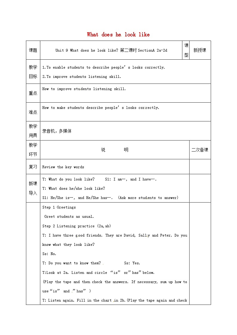 Unit 9 What does he look like?(4课时表格式教案)01