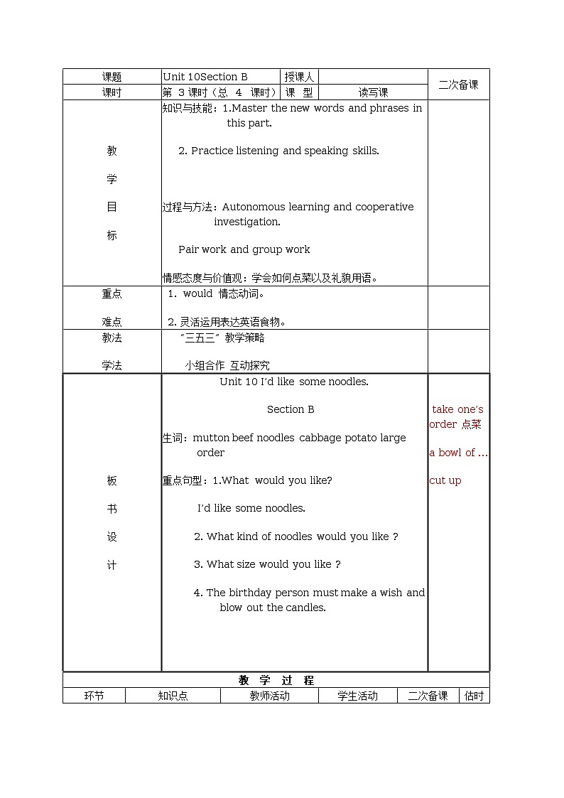 Unit 10 I’d like some noodles.(4课时表格式教案)01