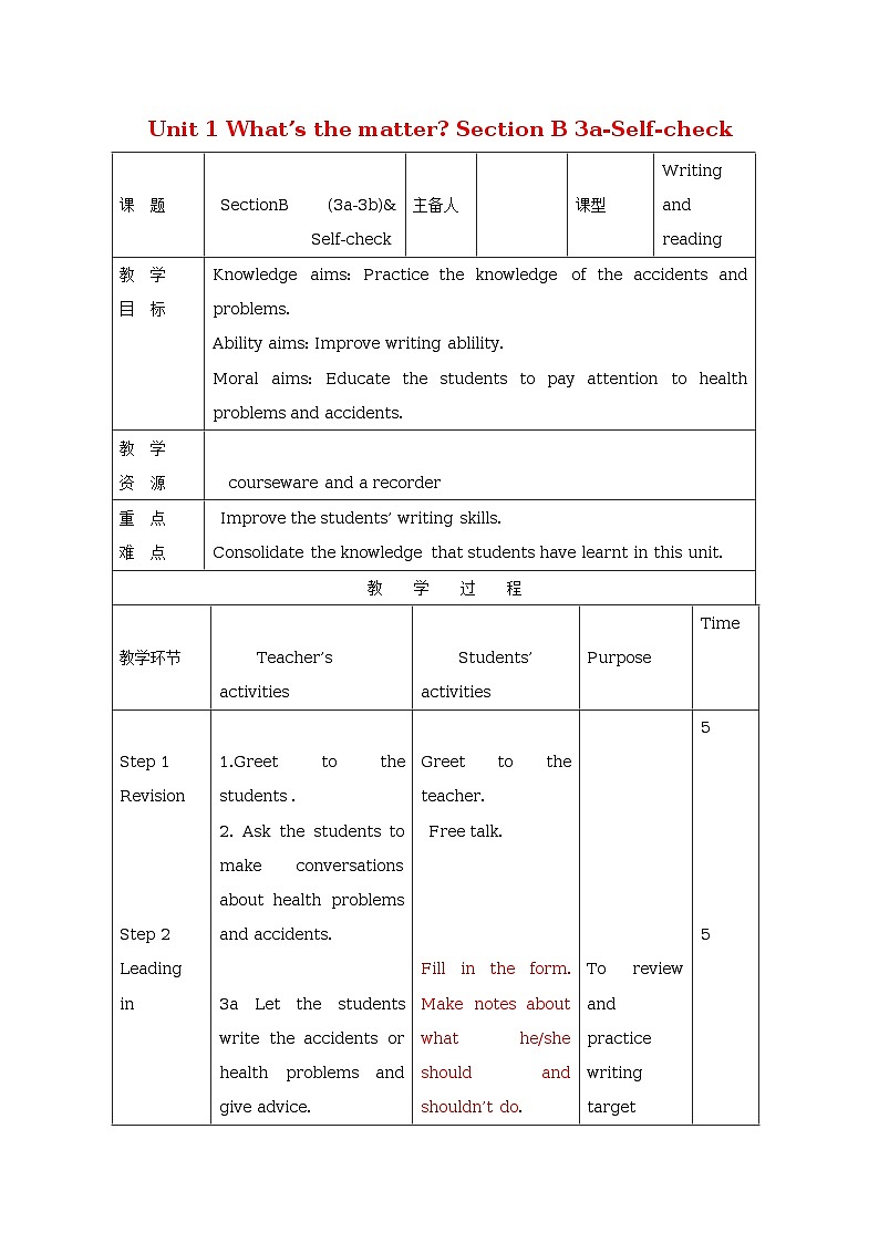 Unit 1 What’s the matter?(5课时表格式教案)01