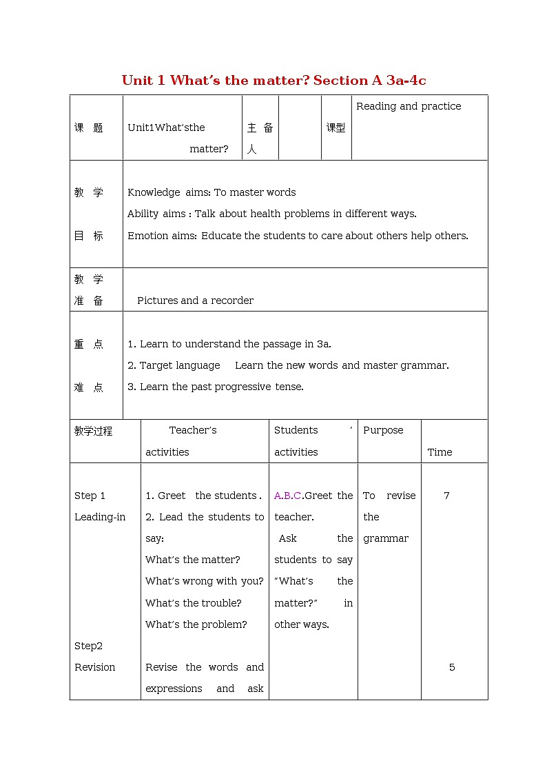 Unit 1 What’s the matter?(5课时表格式教案)01