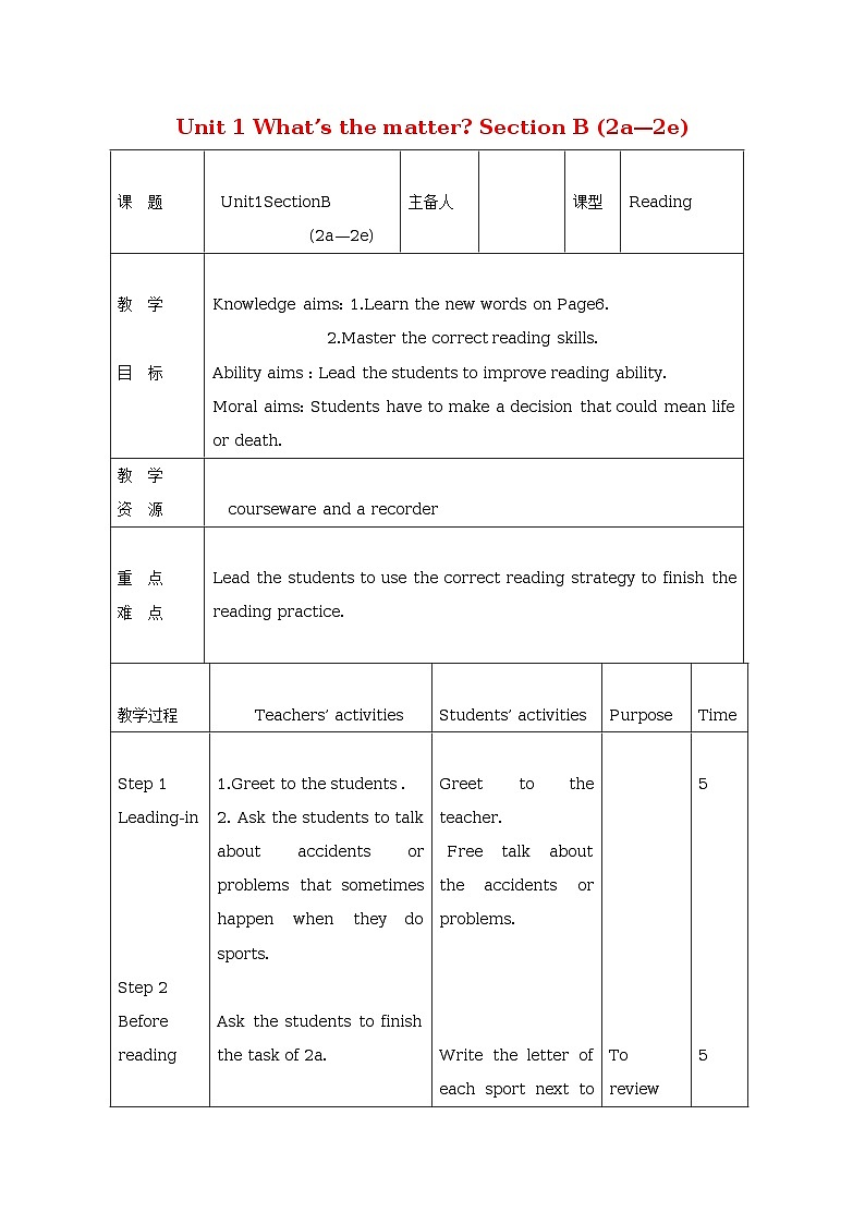 Unit 1 What’s the matter?(5课时表格式教案)01