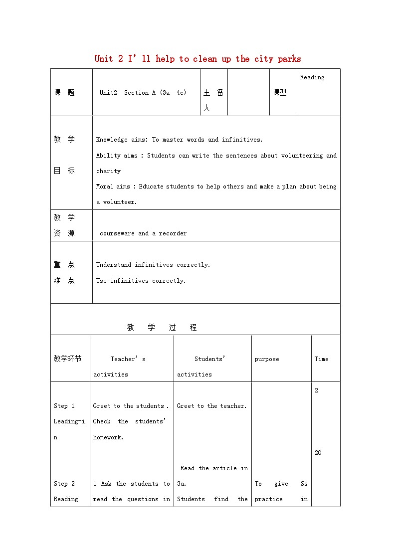 Unit 2 I’ll help to clean up the city parks.(5课时表格式教案)01