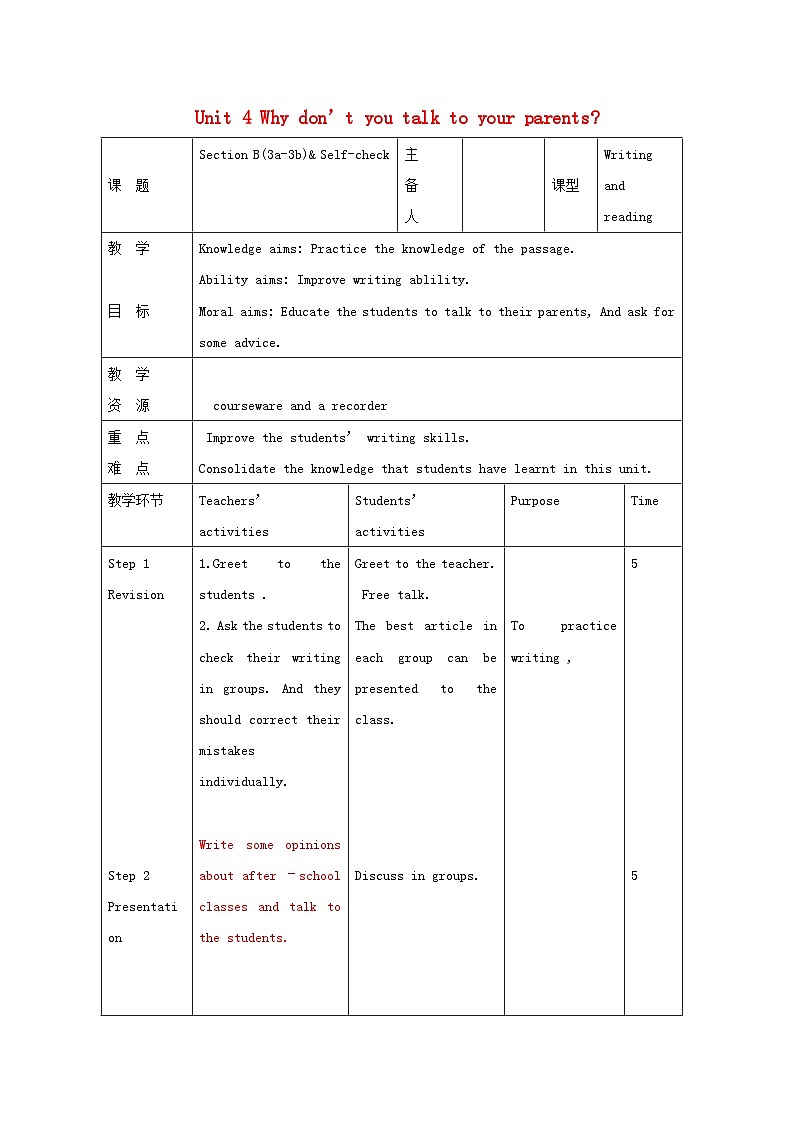 Unit 4 Why don’t  you talk to your parents?(5课时表格式教案)01