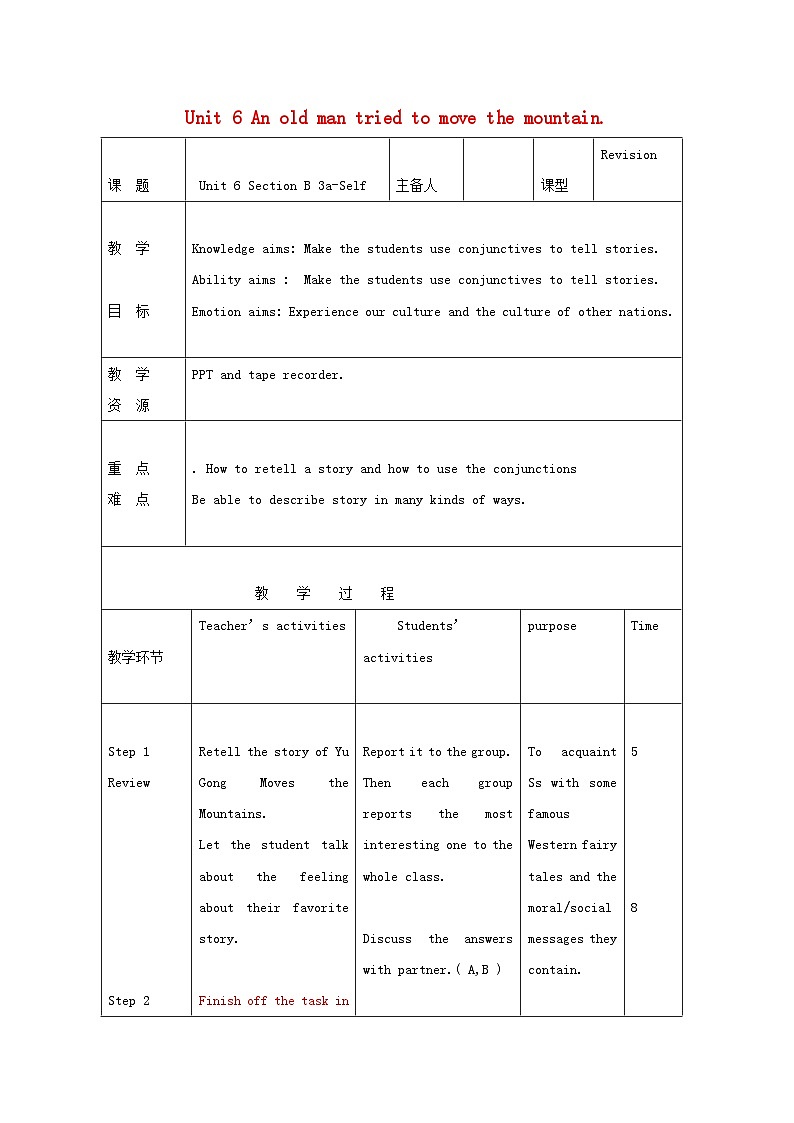 Unit 6 An old man tried to move the mountains.(5课时表格式教案)01
