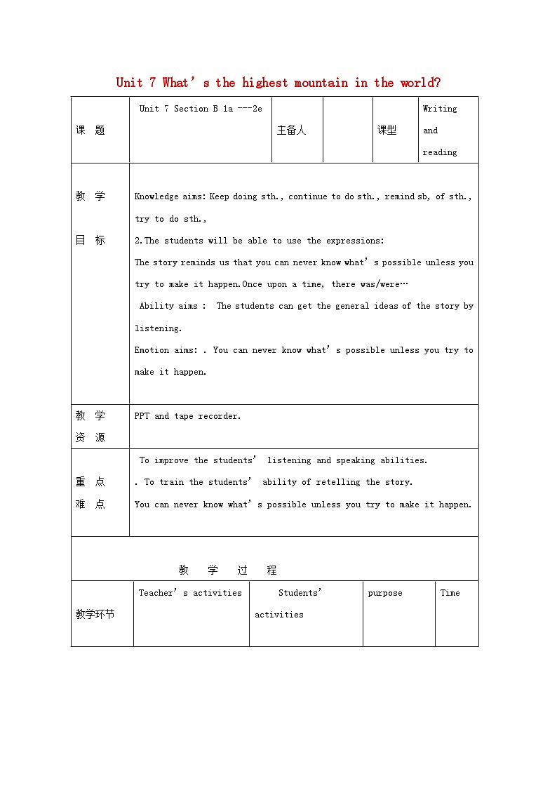 Unit 7 What’s the highest mountain in the world?(5课时表格式教案)01