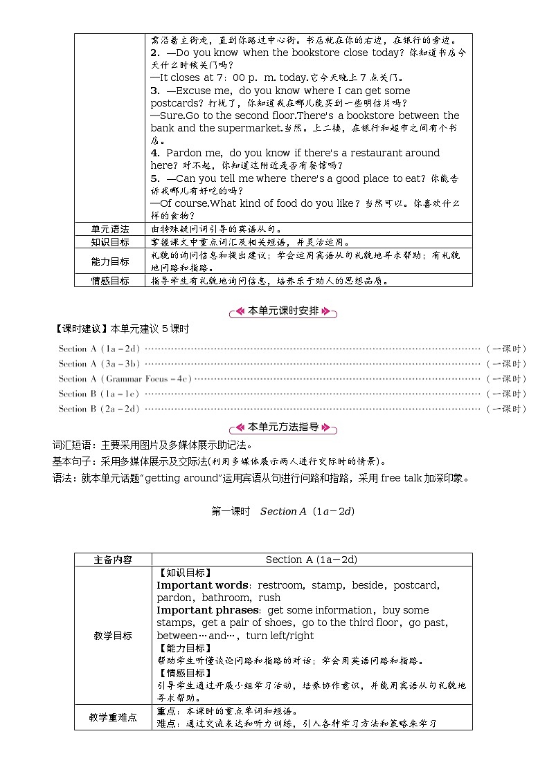 Unit 3　Could you please tell me where the restrooms are全单元教案（表格式5课时）02