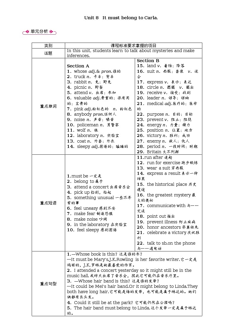 Unit 8 It must belong to Carla.全单元教案（表格式5课时）01