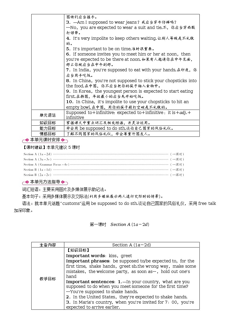 Unit 10 You’re supposed to shake hands.全单元教案（表格式5课时）02