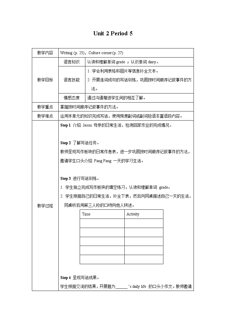 Unit 2  Daily life (6课时教案）01