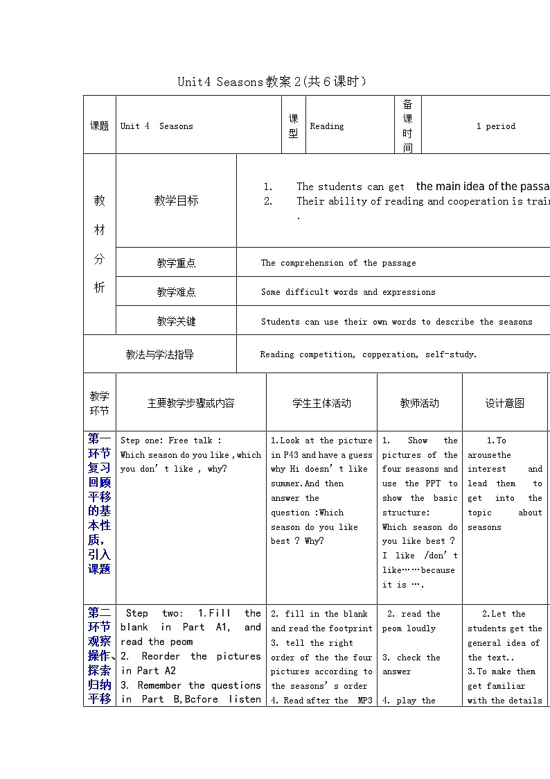 Unit 4 Seasons.(6课时教案）01