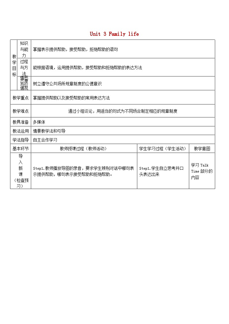 Module 2 Ideas and viewpoints .Unit 3 Family life.单元教案(6课时)01