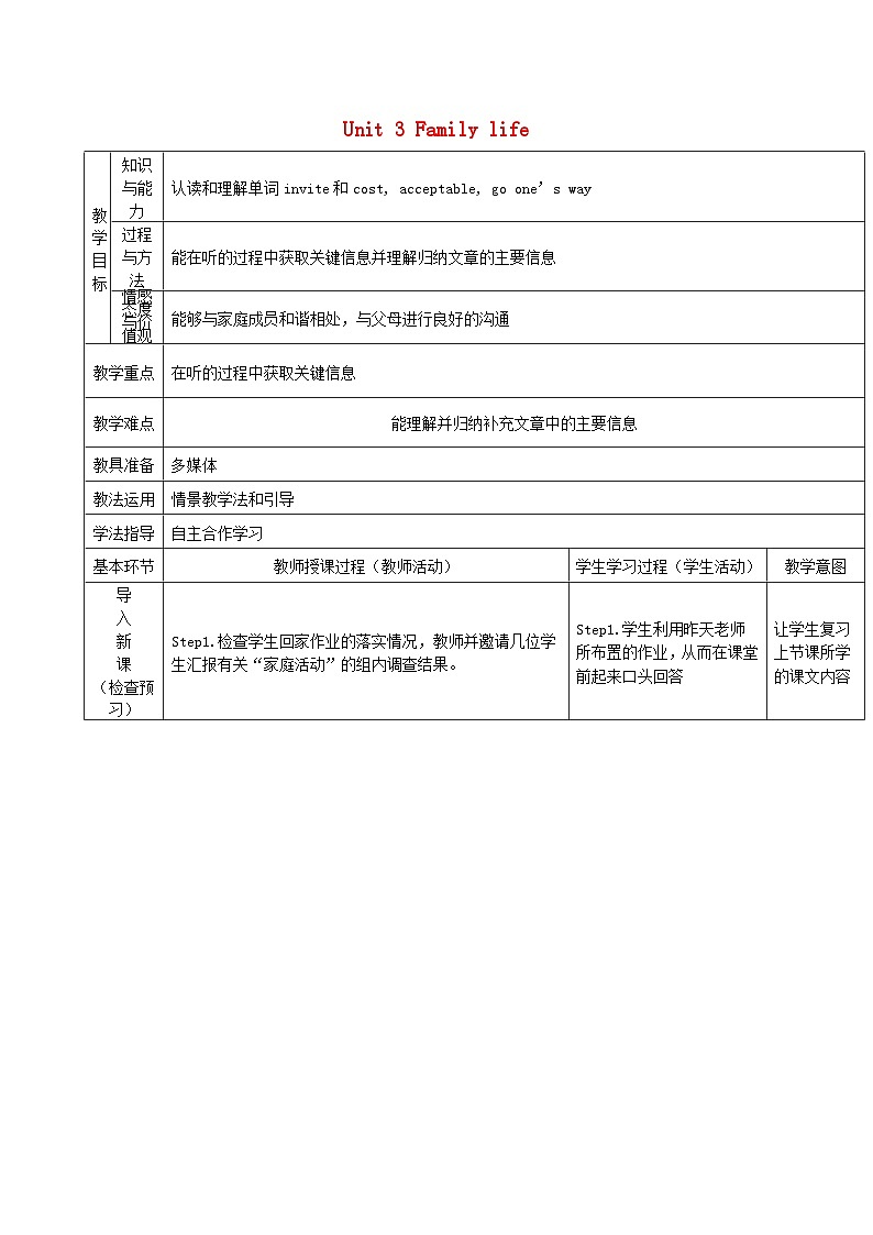 Module 2 Ideas and viewpoints .Unit 3 Family life.单元教案(6课时)01
