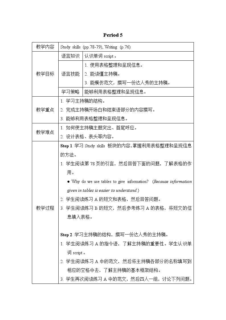 Unit 5 Action 教学设计（表格式，共6课时）01