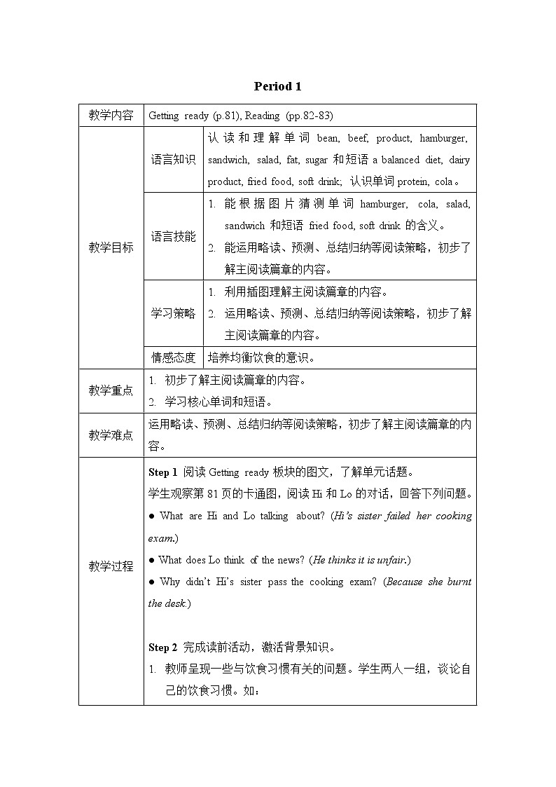 Module 3 Leisure time Unit 6 Healthy diet 教学设计（表格式，共6课时）01