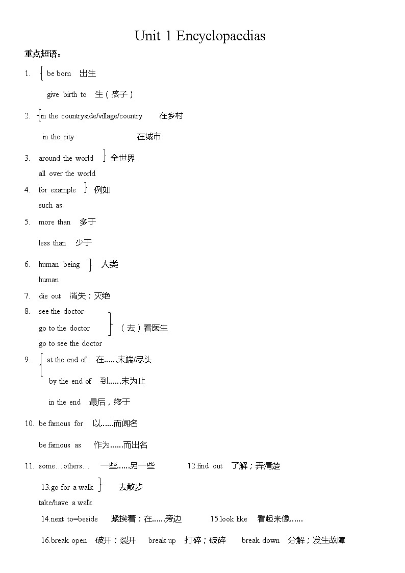 沪教牛津版 八年级上册1-8重点短语教案第1页