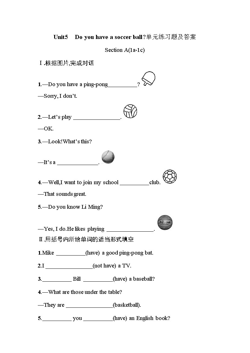 人教新目标 (Go for it) 版英语七年级上册Unit5Do you have a soccer ball单元知识点整合及单元练习题（附答案）学案03