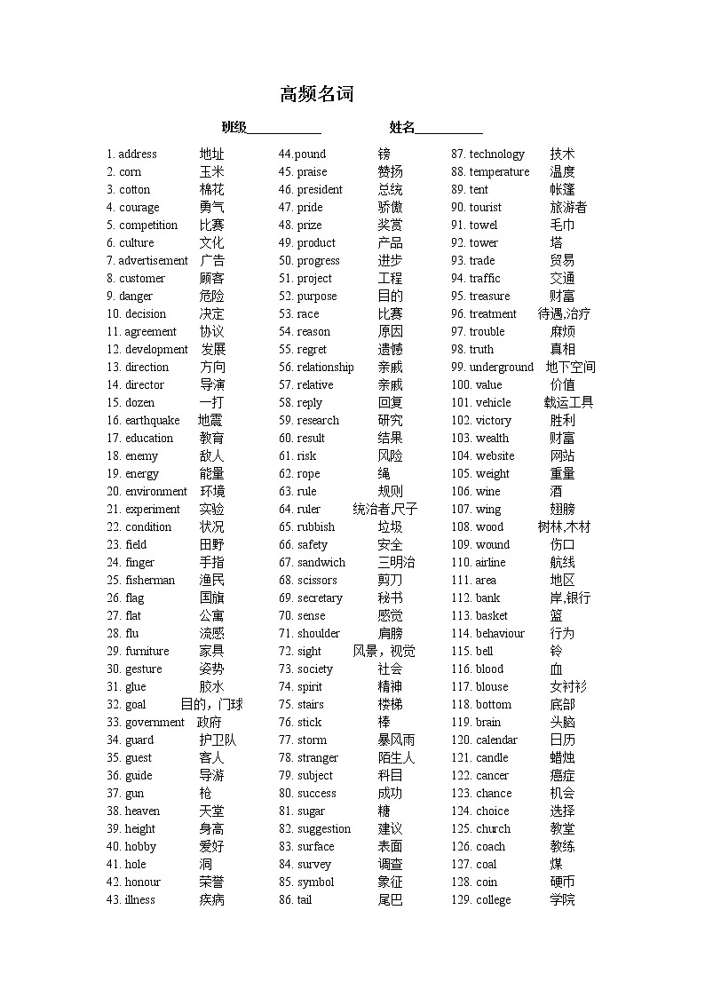 中考高频词分类汇总练习题第1页