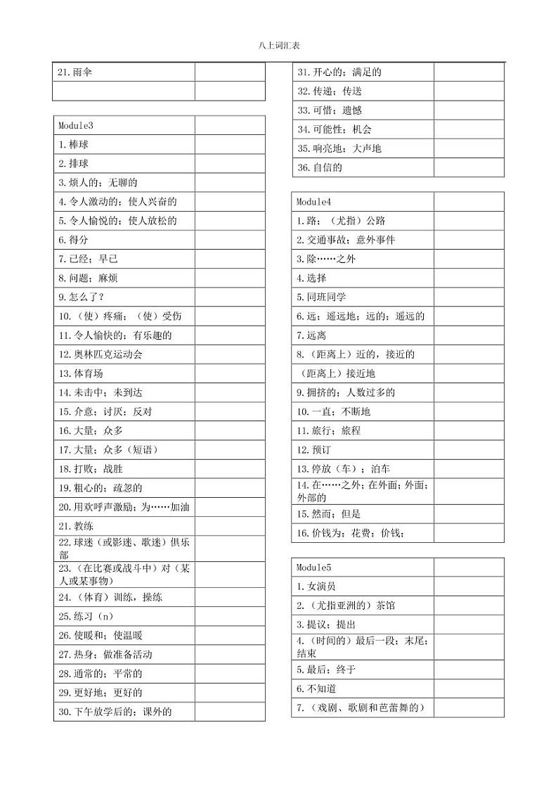外研版英语（新标准）八年级上Module 1-Module 12单词默写表练习题第2页