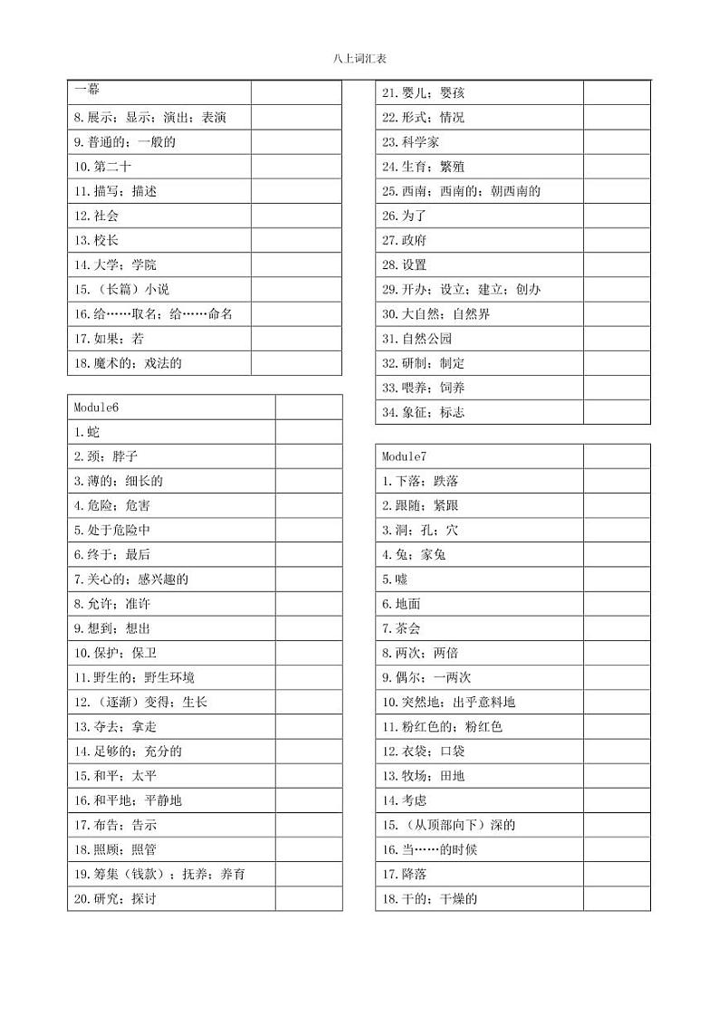 外研版英语（新标准）八年级上Module 1-Module 12单词默写表练习题第3页