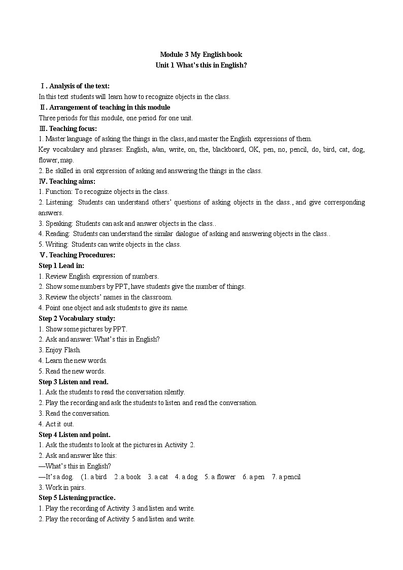 外研版（新标准）七年级上册教案Starter M3 Unit 101