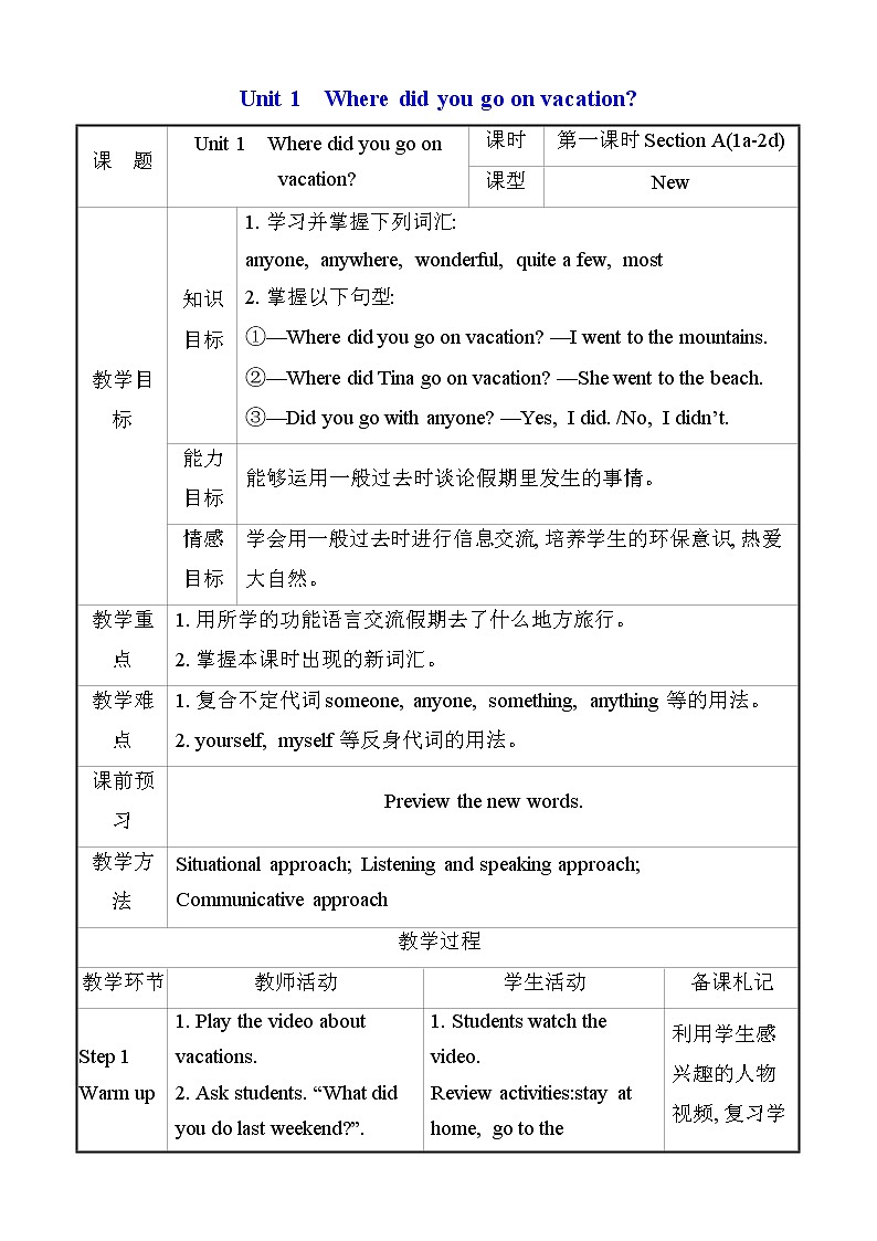 人教版 八年级英语 教案 Unit 1 Where did you go on vacation01