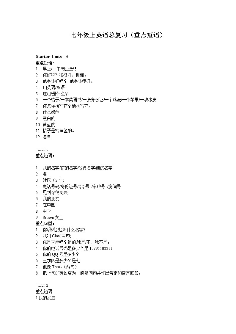 七年级上英语总复习（重点短语）01