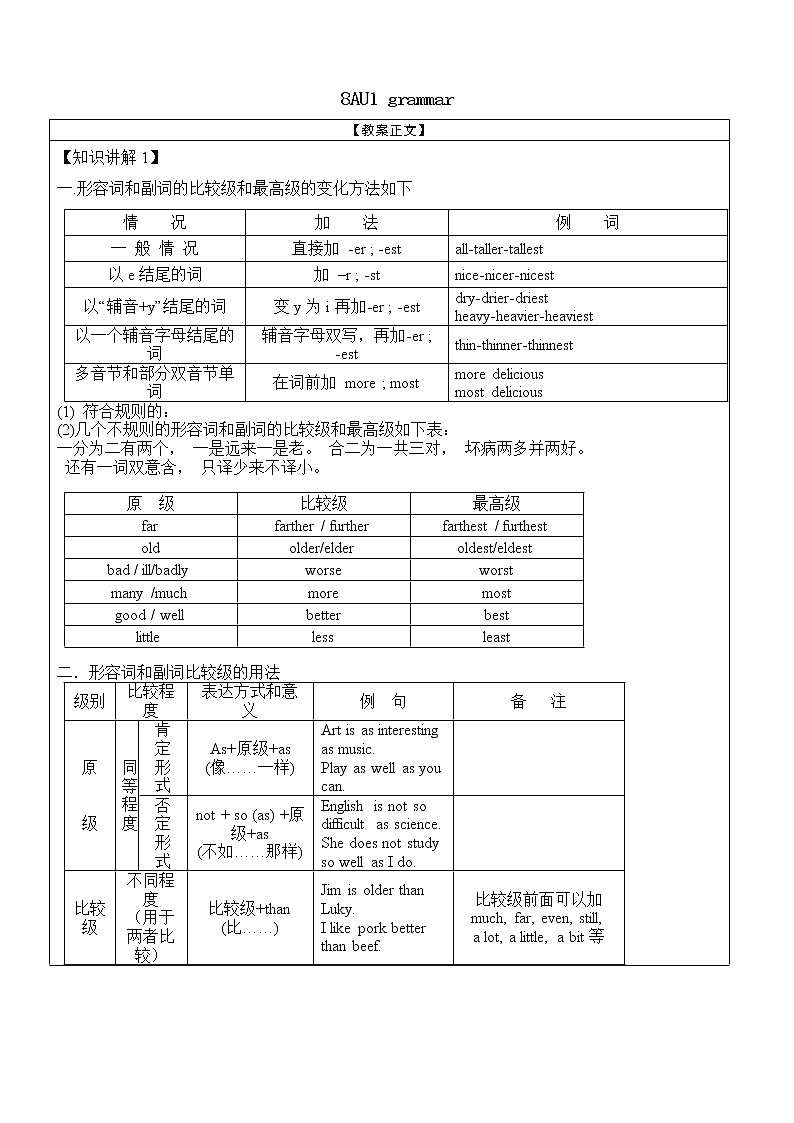 牛津译林版8AU1 friends-Grammar-形容词比较级和最高级1学案01
