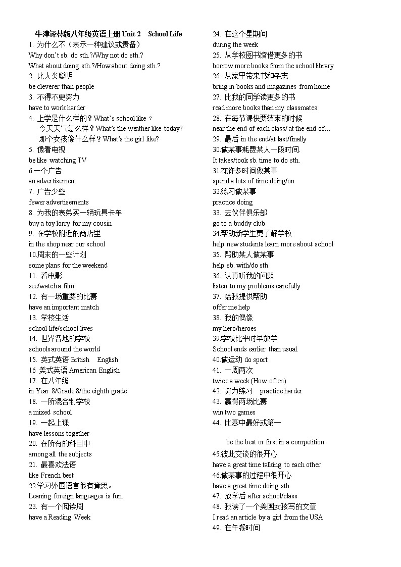 牛津译林版八年级英语上册Unit-2词组归纳复习01