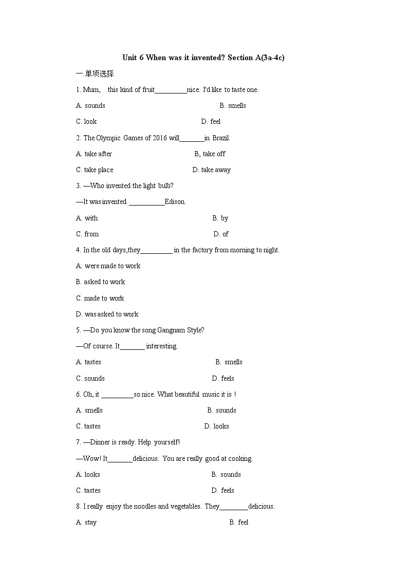 Unit 6 When was it invented-Section A(3a-4c)课后作业 人教版（新目标）英语九年级全册01