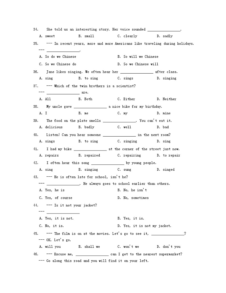 冀教版英语七年级上册 CHAPTER14 - 简单句 练习第3页