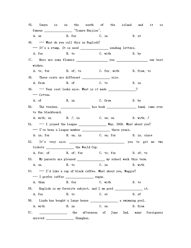 冀教版英语七年级上册 CHAPTER7 - 介词 练习第3页