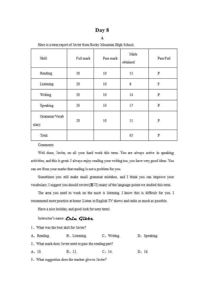 Day 8-2022中考英语考前抢分练之阅读理解专练（牛津译林版）01