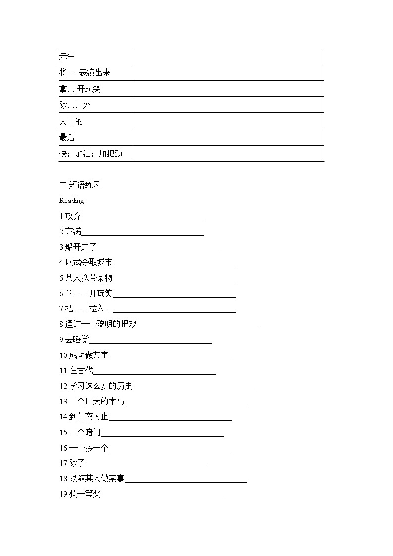 2021年深圳版牛津英语8A U6 Ancient stories单词短语及句子小考（无答案）练习题02