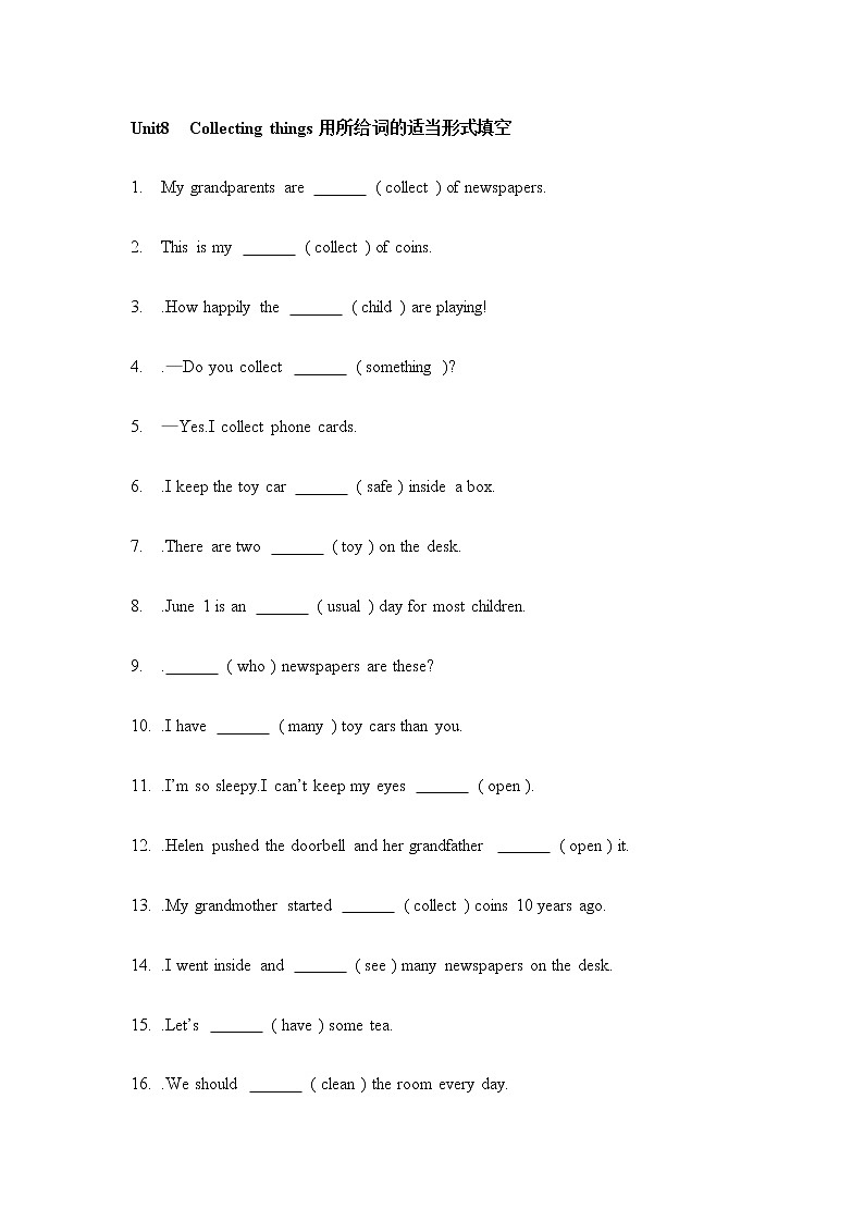 深圳版牛津英语七年级上册Unit8 collecting things 词的适当形式填空练习题01